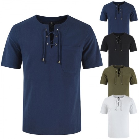 New Summer Men's Casual Short-Sleeved Cotton and Linen Lace Casual Fashion T-Shirt